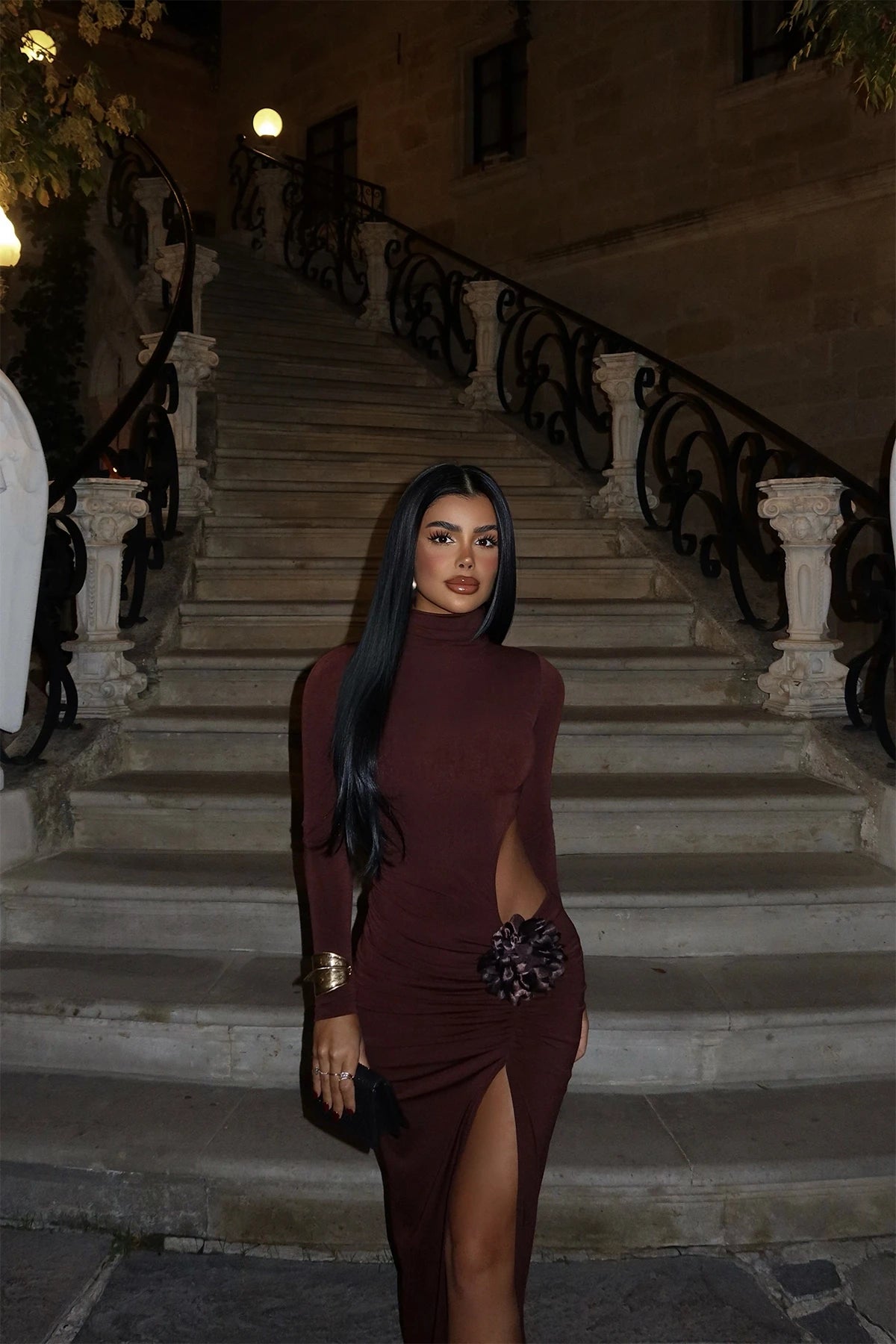 Brown Rose Detail Long Dress