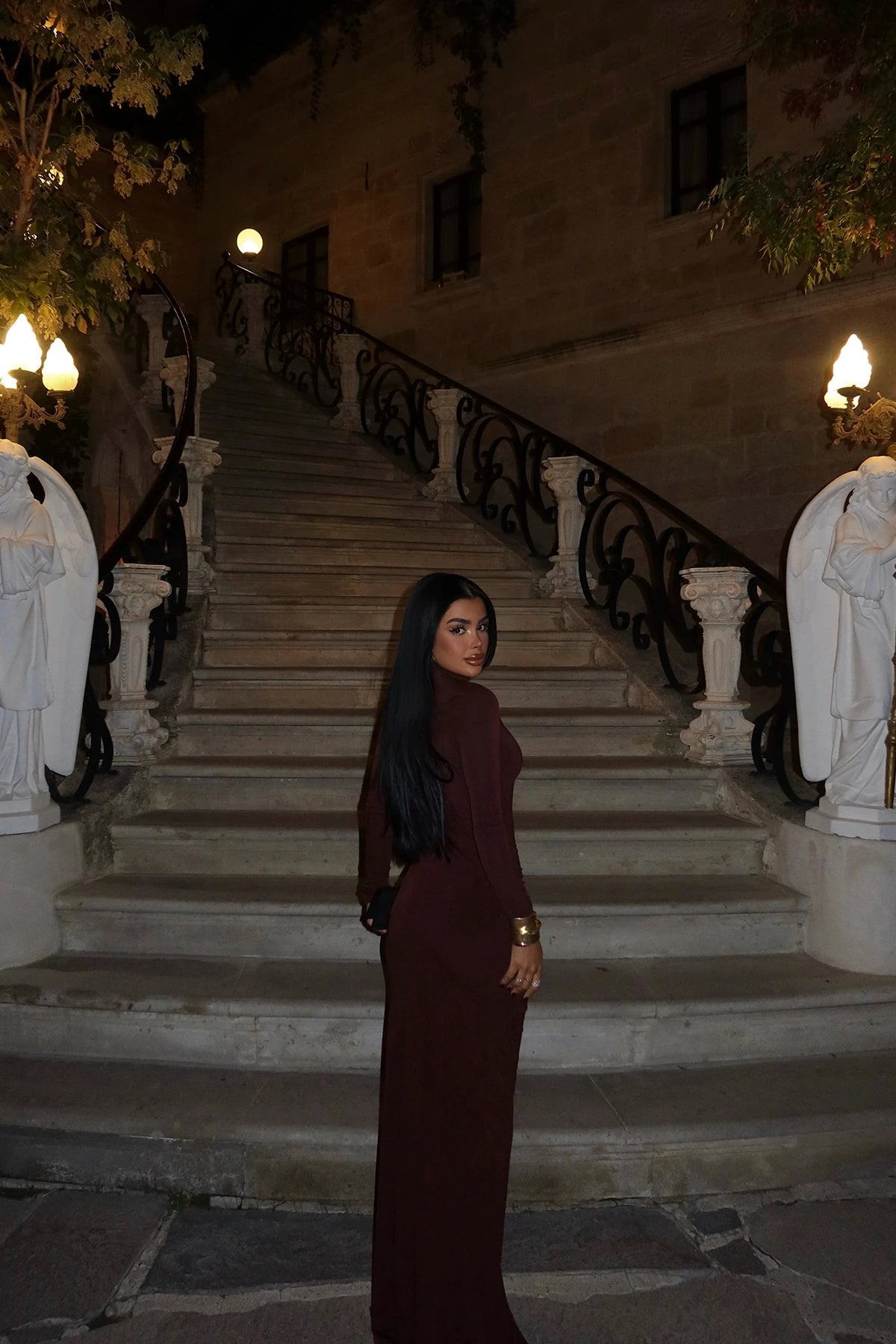 Brown Rose Detail Long Dress