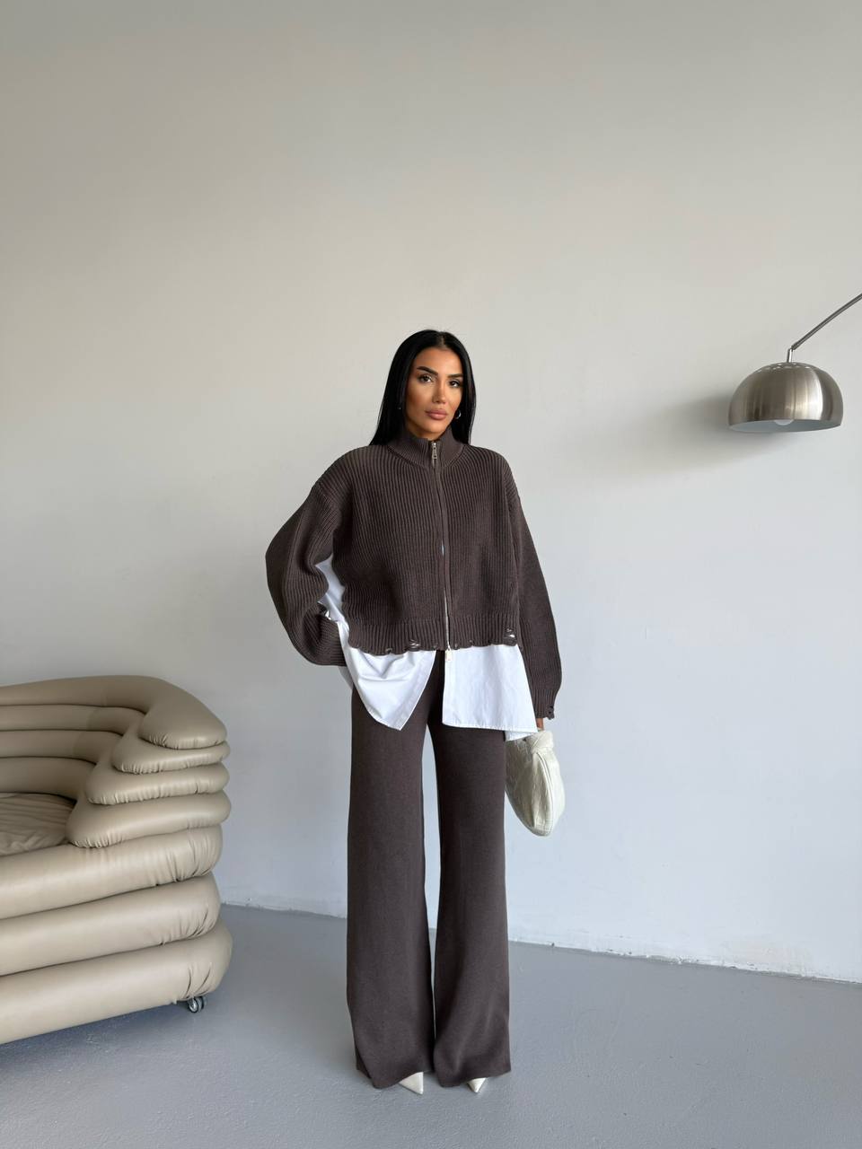 Brown knit set with white shirt detail