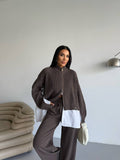 Brown knit set with white shirt detail