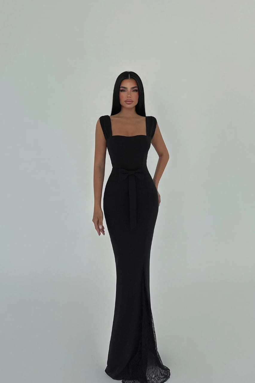 Black Remmy Slit Lace Detail Long Dress