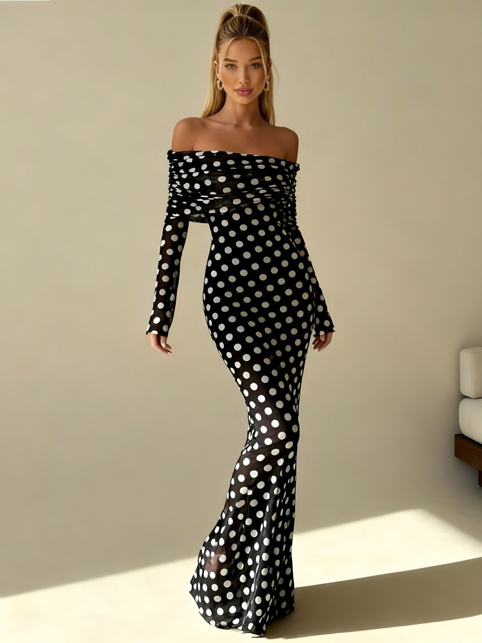 Polka Dot Tulle Lined Madonna Collar Maxi Dress