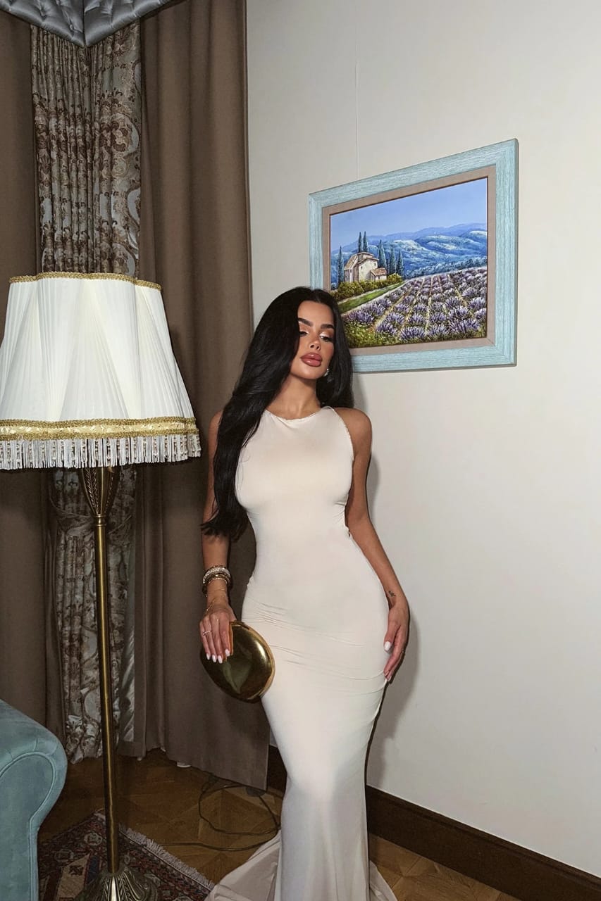 Cream Spence Dress with Sparkly Edges and Low-cut Back