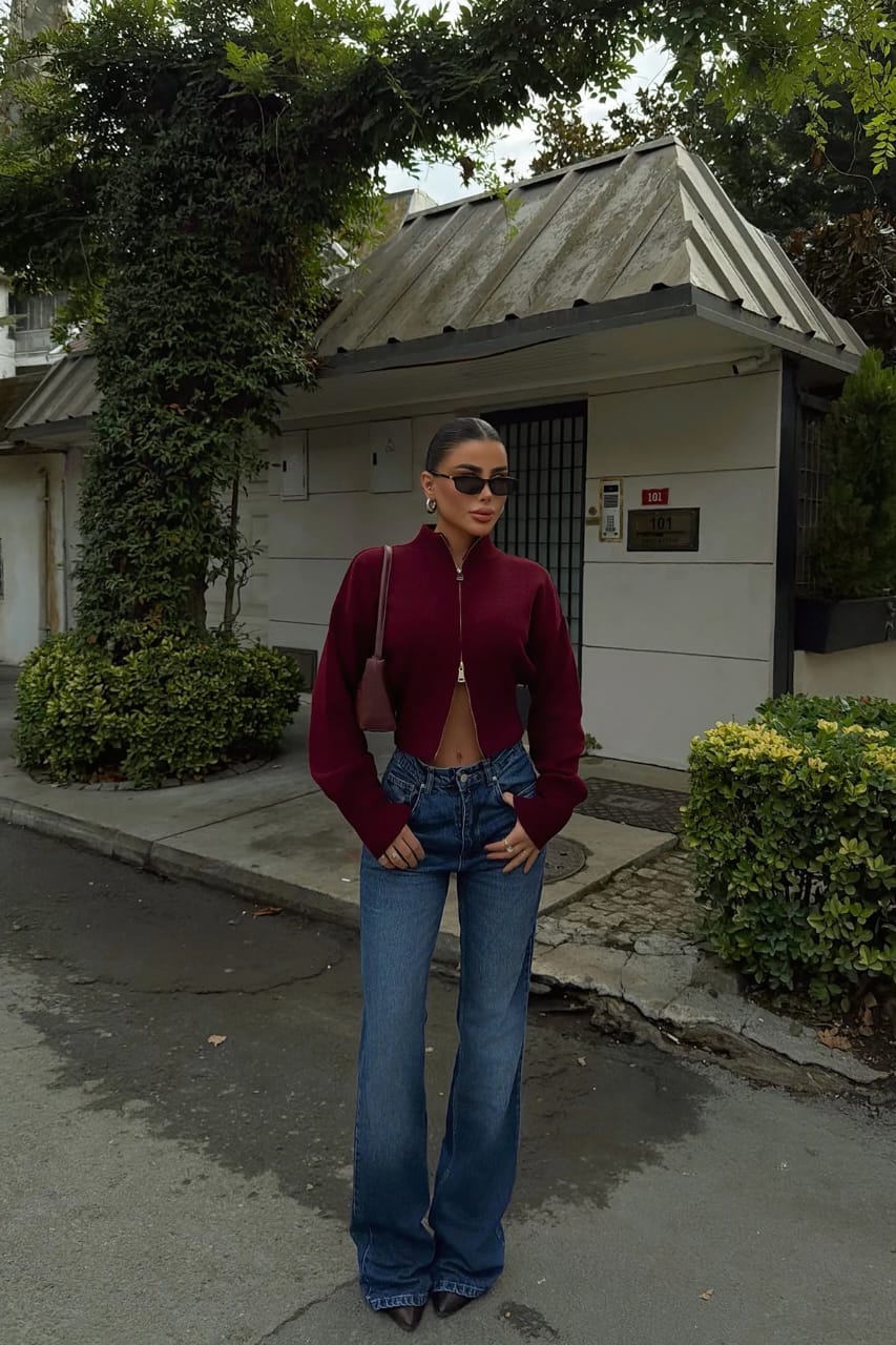 Maroon Balboa Double Zipper Knit Cardigan