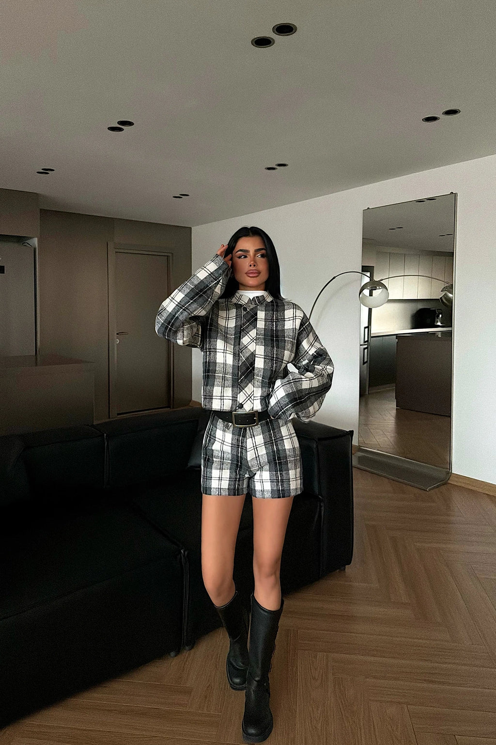 Grey Plaid Shorts Set