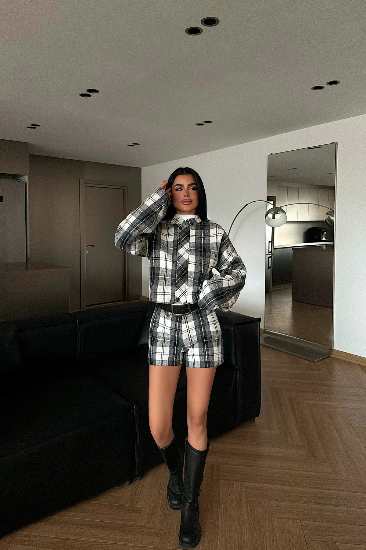 Grey Plaid Shorts Set