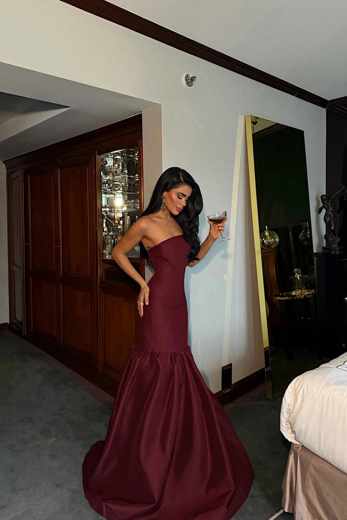 Burgundy Balloon Skirt Evening Dress