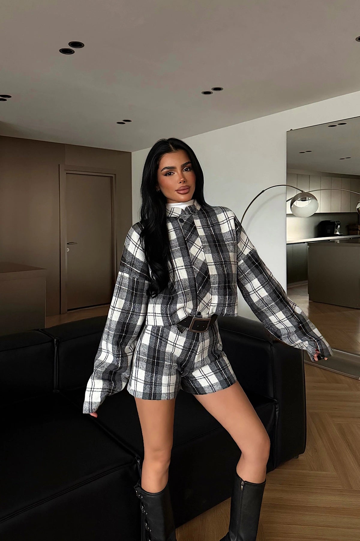 Grey Plaid Shorts Set