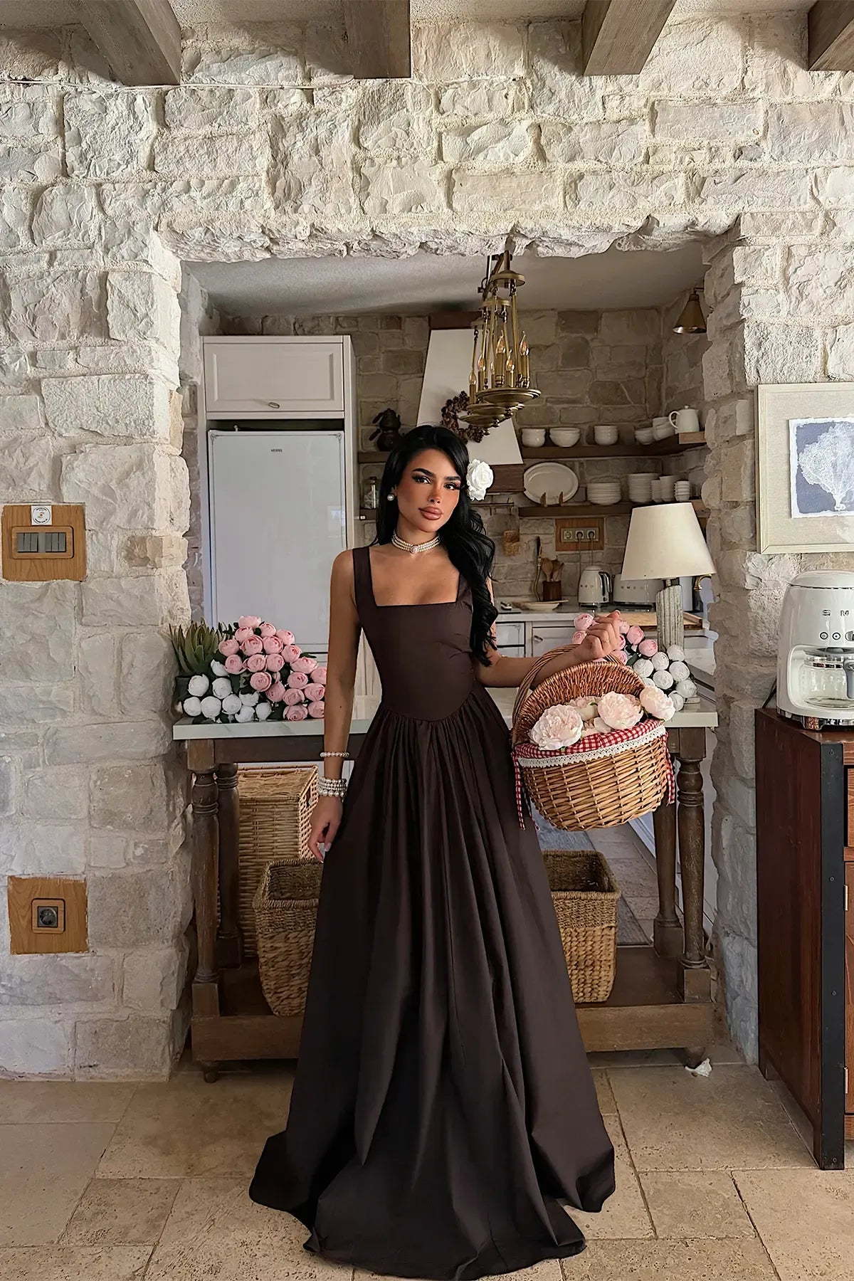 Brown Square Neck Strappy Long Dress