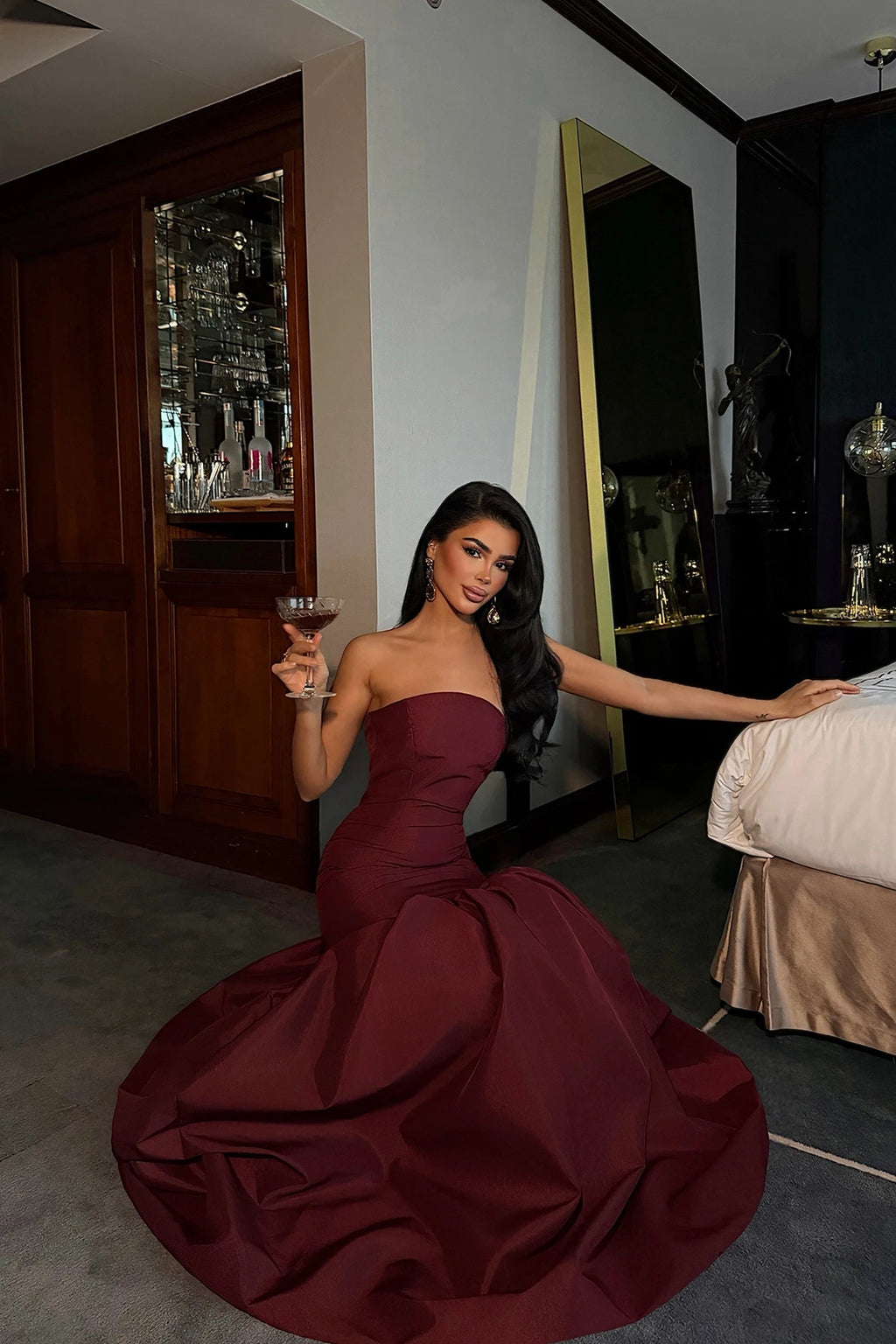 Burgundy Balloon Skirt Evening Dress