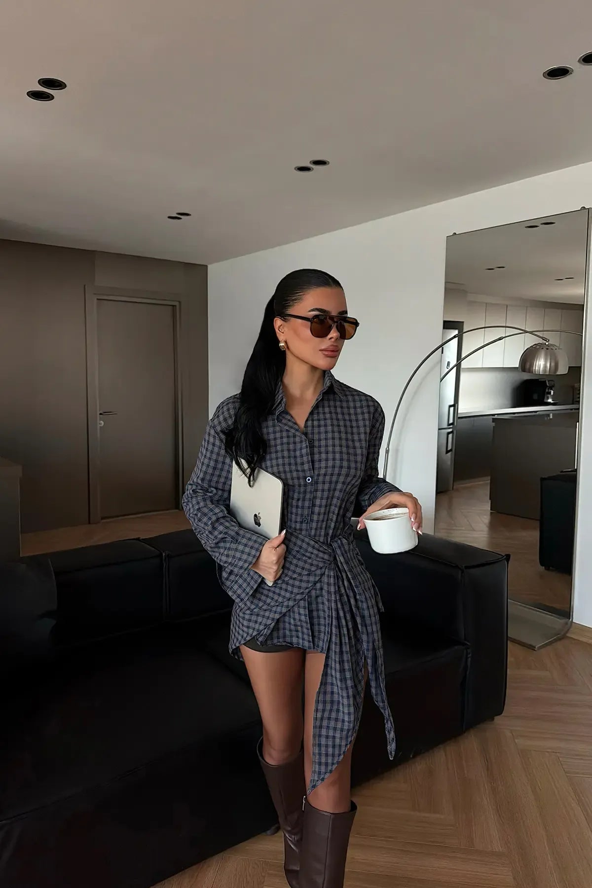 Brown Checked Button-Front Shirt