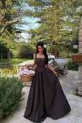 Brown Square Neck Strappy Long Dress