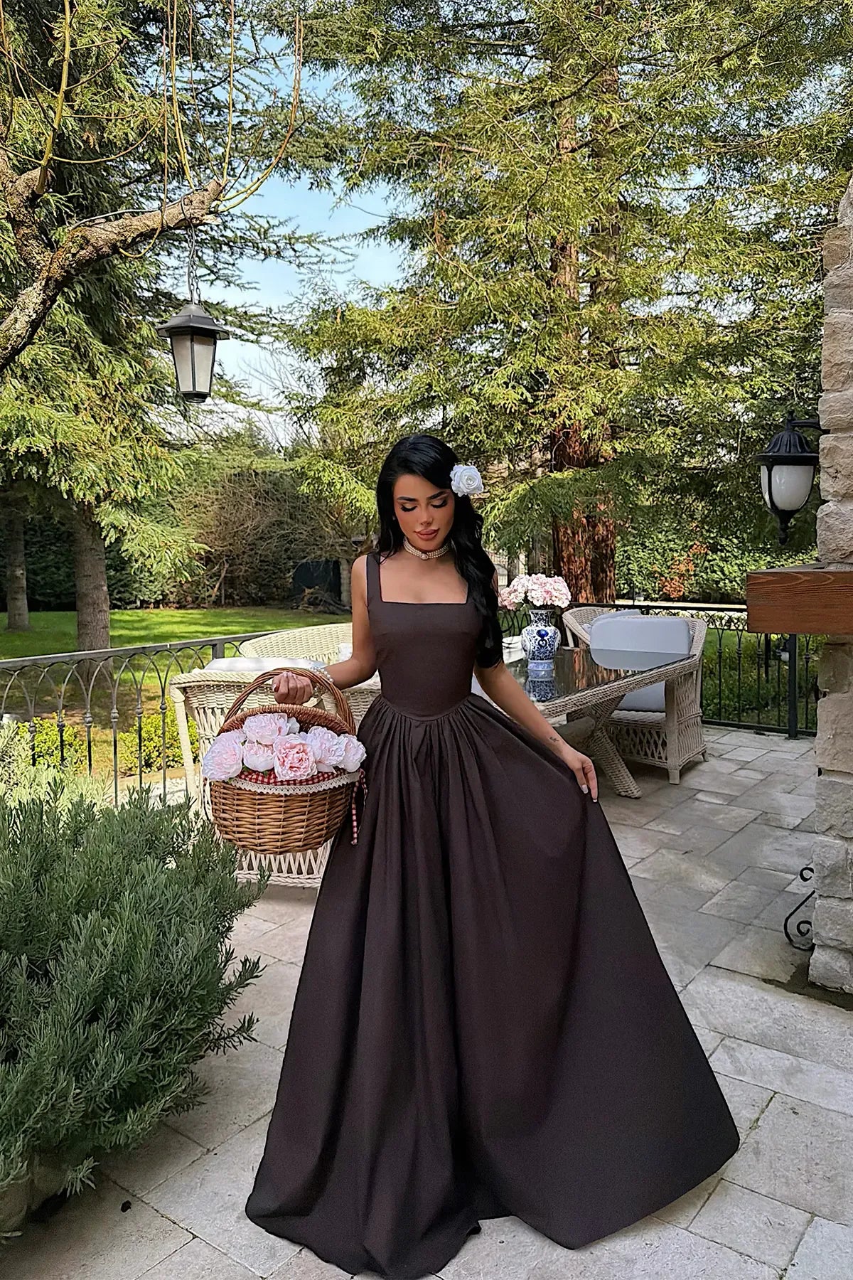 Brown Square Neck Strappy Long Dress