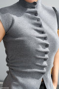 Asymmetrical High-Neck Button Top