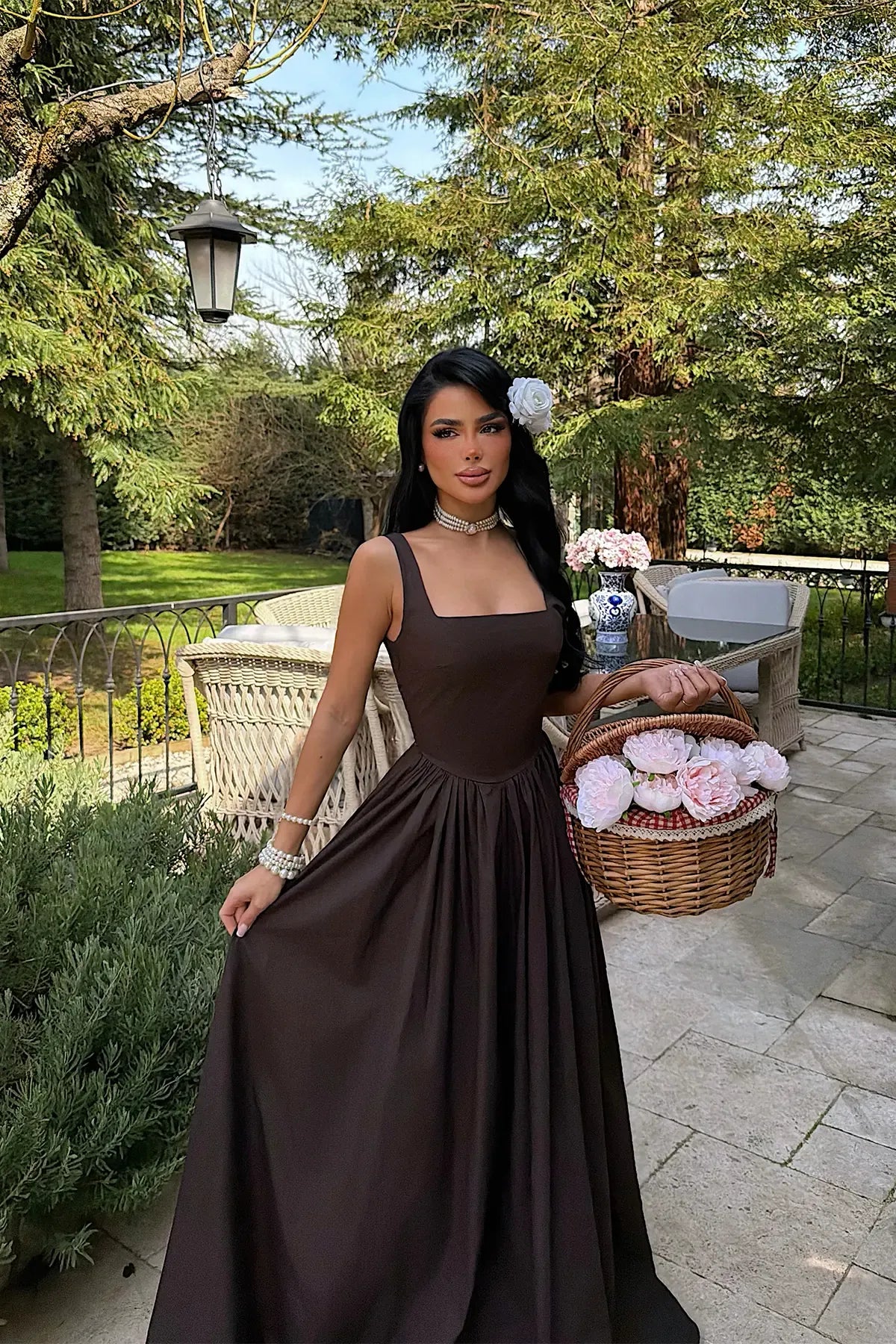 Brown Square Neck Strappy Long Dress