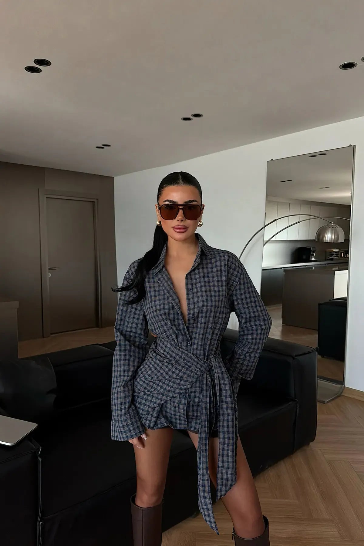 Brown Checked Button-Front Shirt