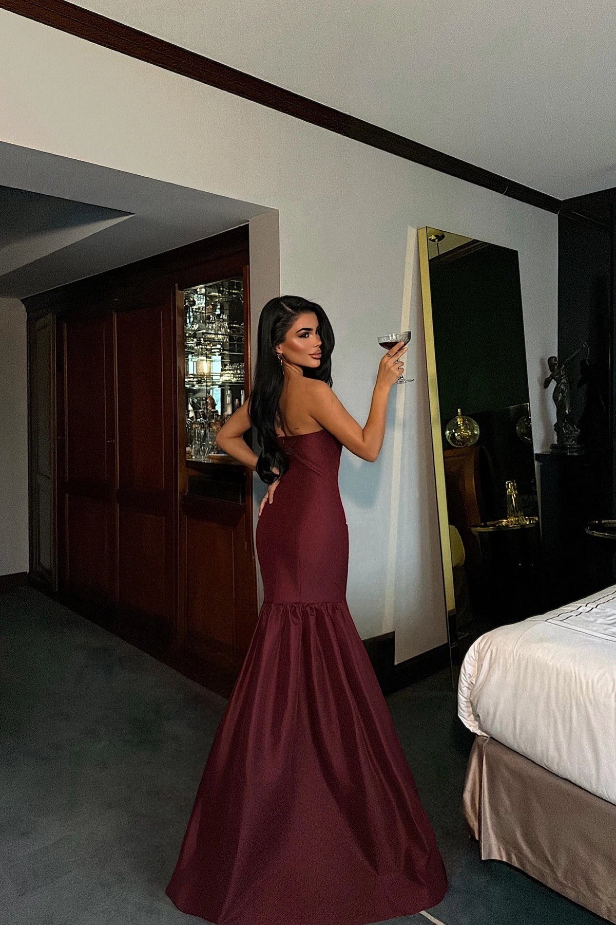 Burgundy Balloon Skirt Evening Dress