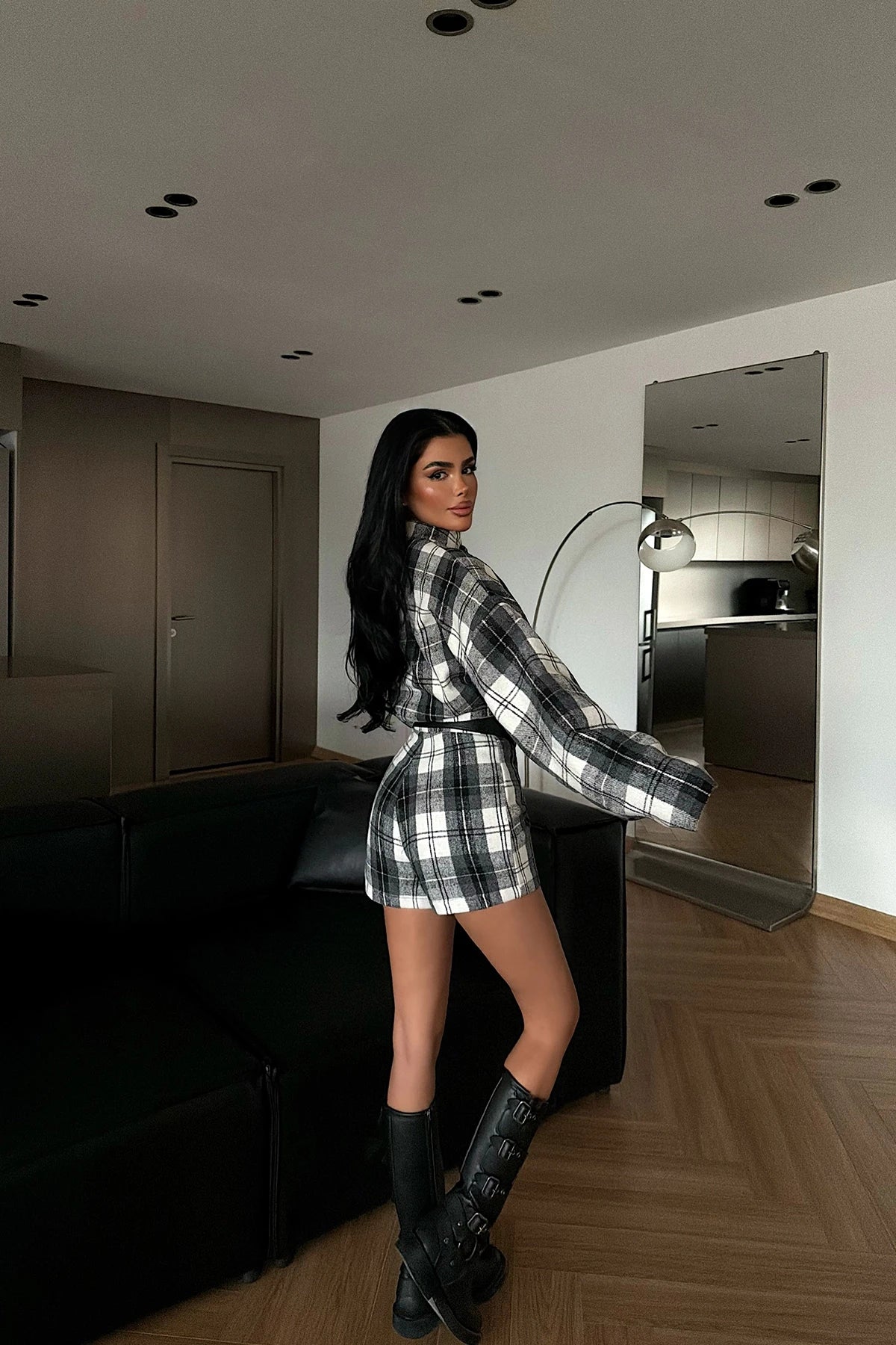 Grey Plaid Shorts Set
