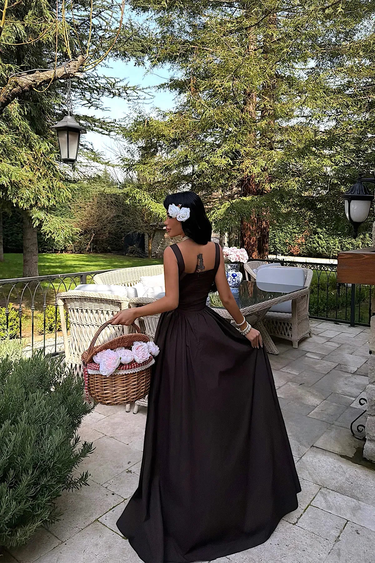 Brown Square Neck Strappy Long Dress