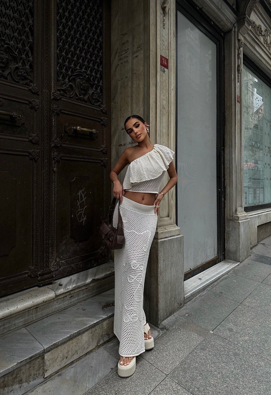 Ivory One-Shoulder Crochet Co-Ord Set