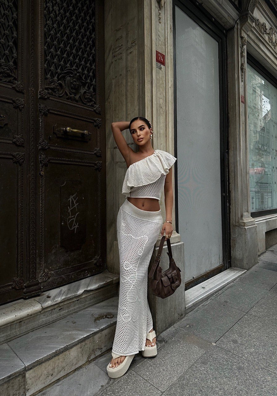 Ivory One-Shoulder Crochet Co-Ord Set
