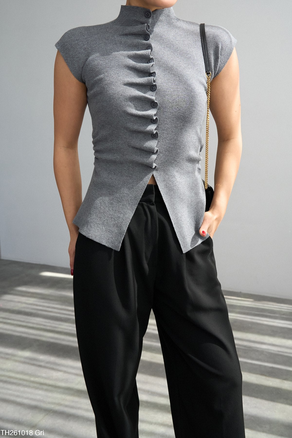 Asymmetrical High-Neck Button Top