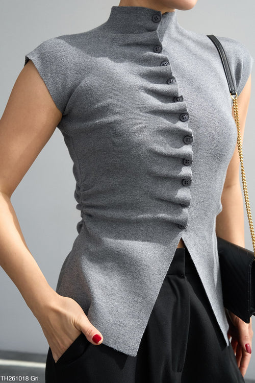 Asymmetrical High-Neck Button Top