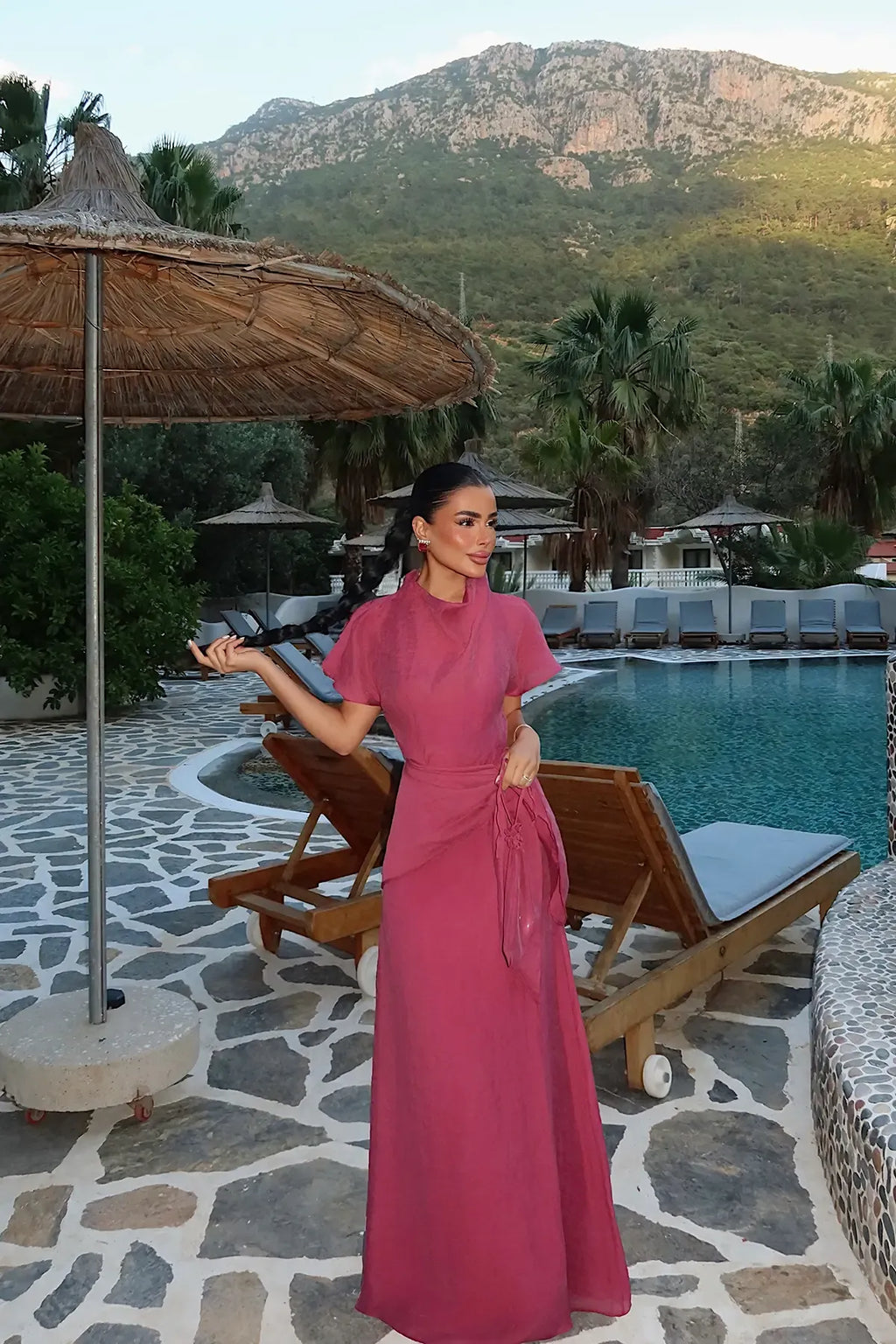 Burgundy Long Dress with Shawl Detail