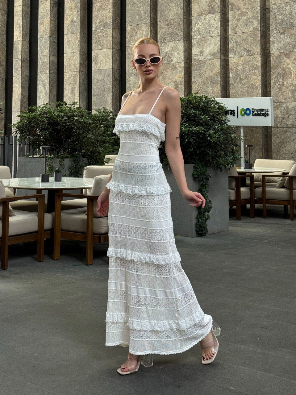 Ivory Lace Ruffle Maxi Dress