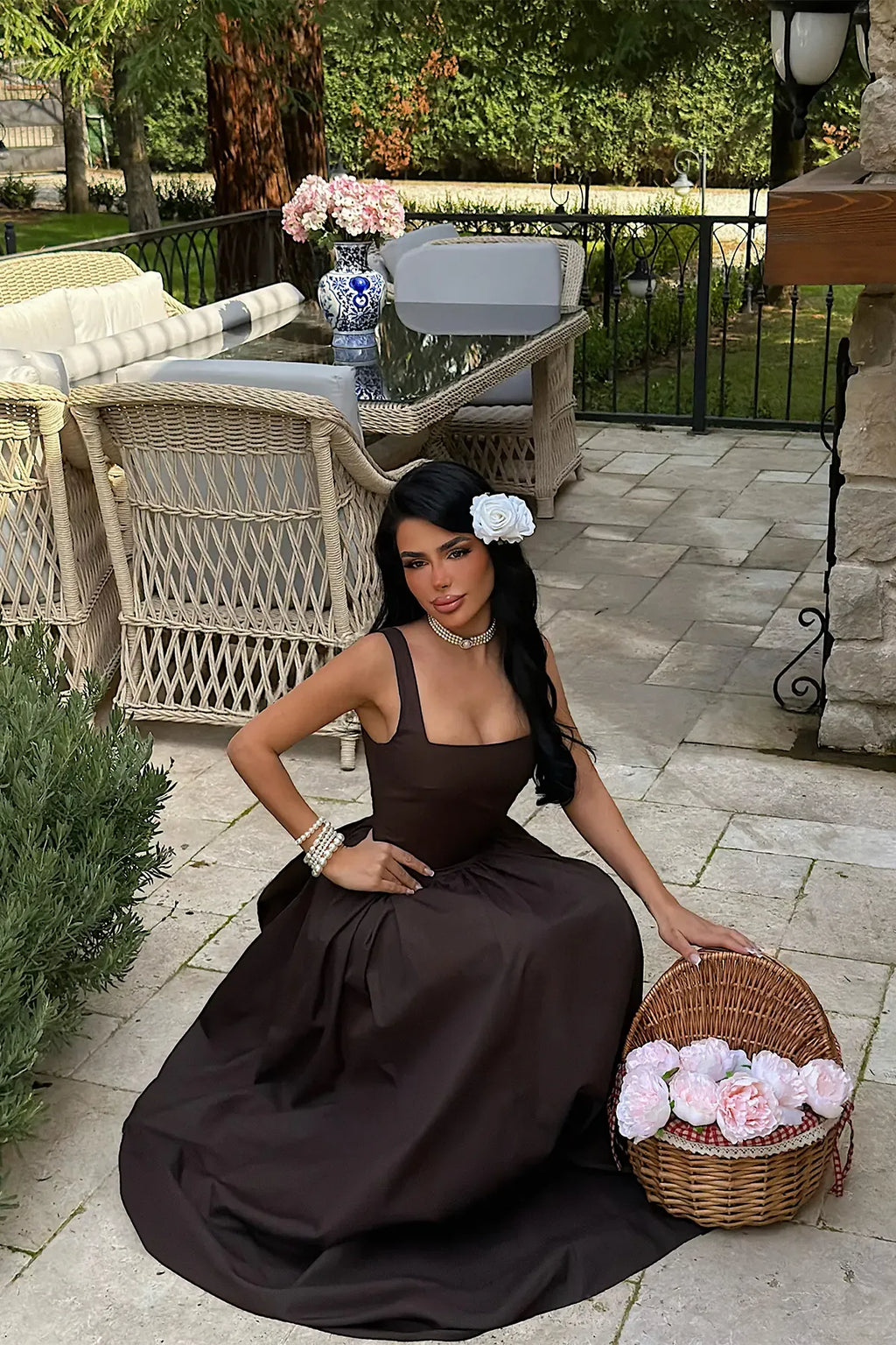 Brown Square Neck Strappy Long Dress