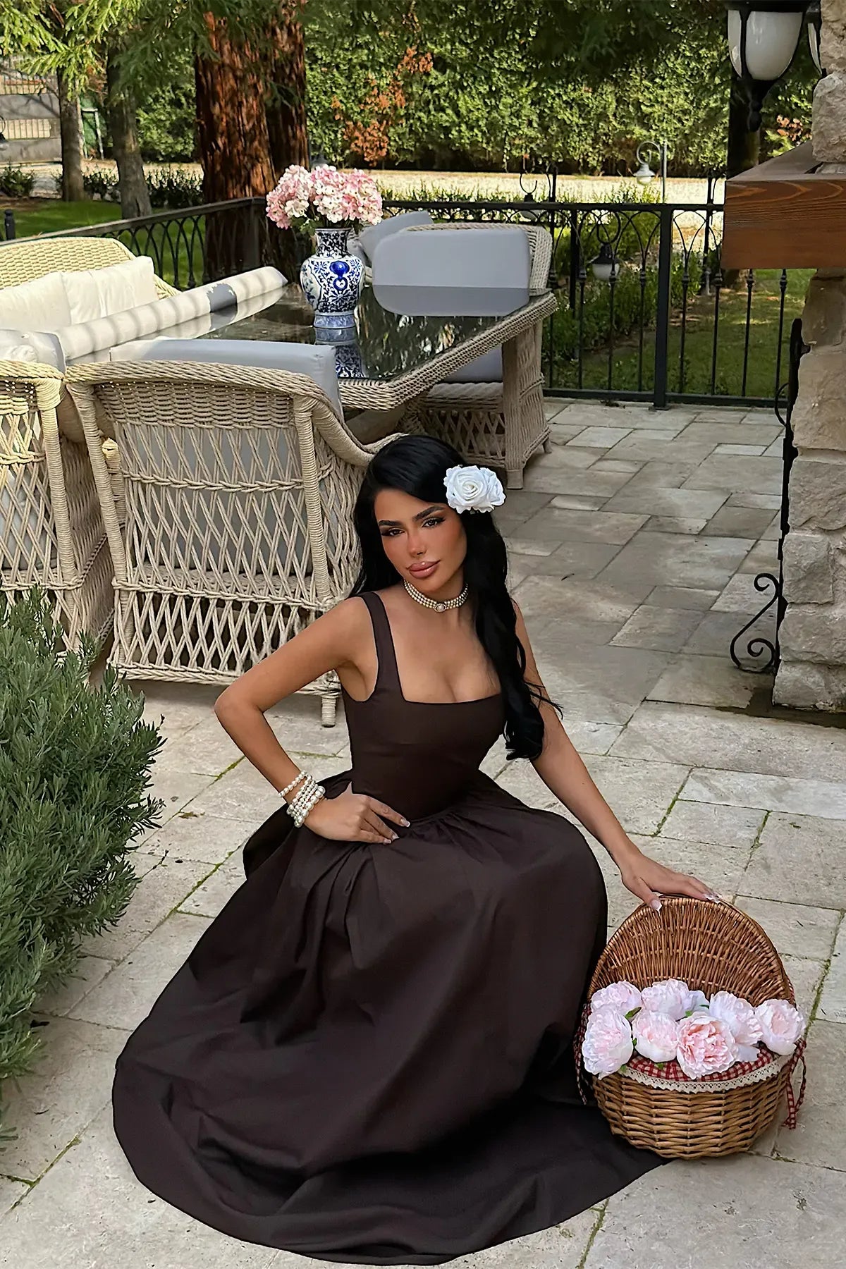 Brown Square Neck Strappy Long Dress