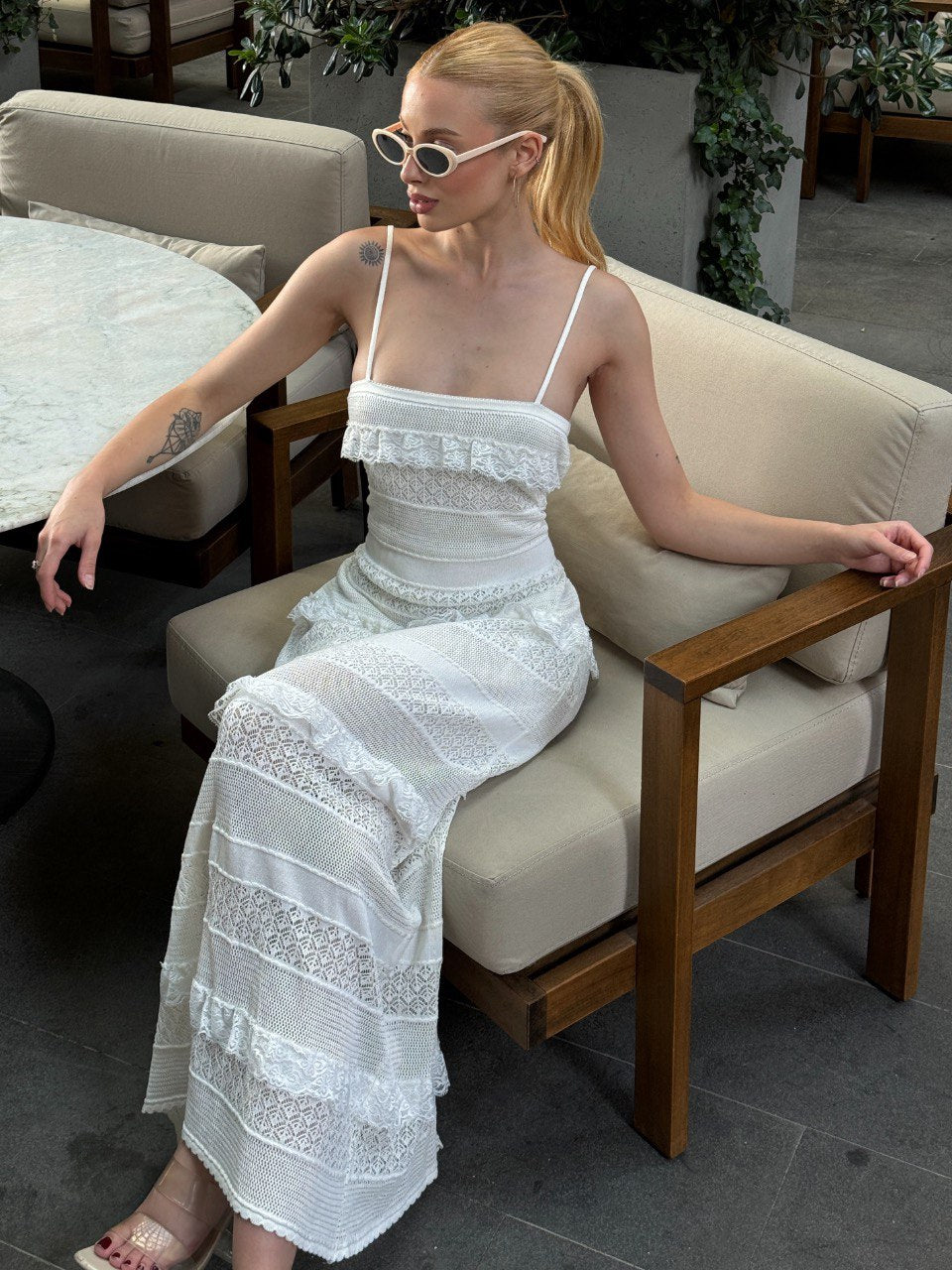 Ivory Lace Ruffle Maxi Dress