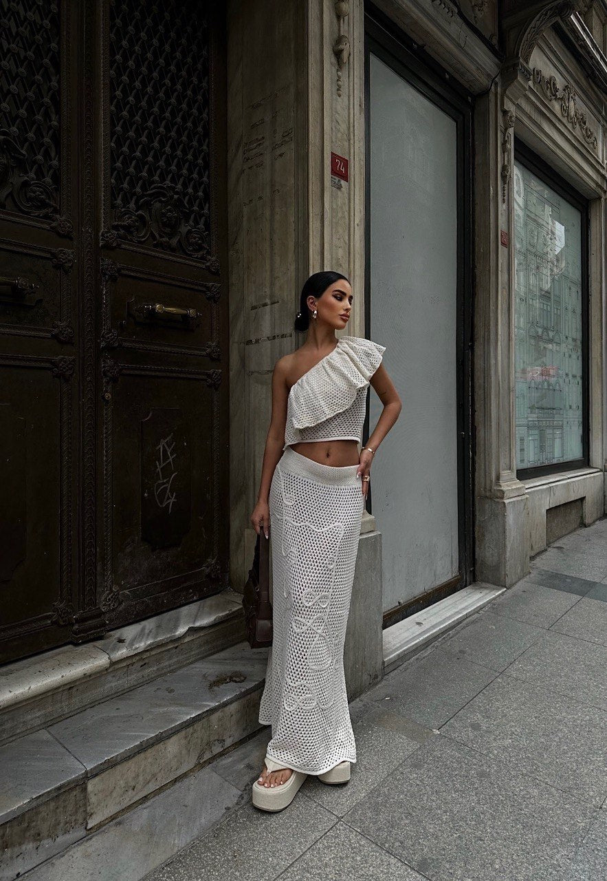Ivory One-Shoulder Crochet Co-Ord Set