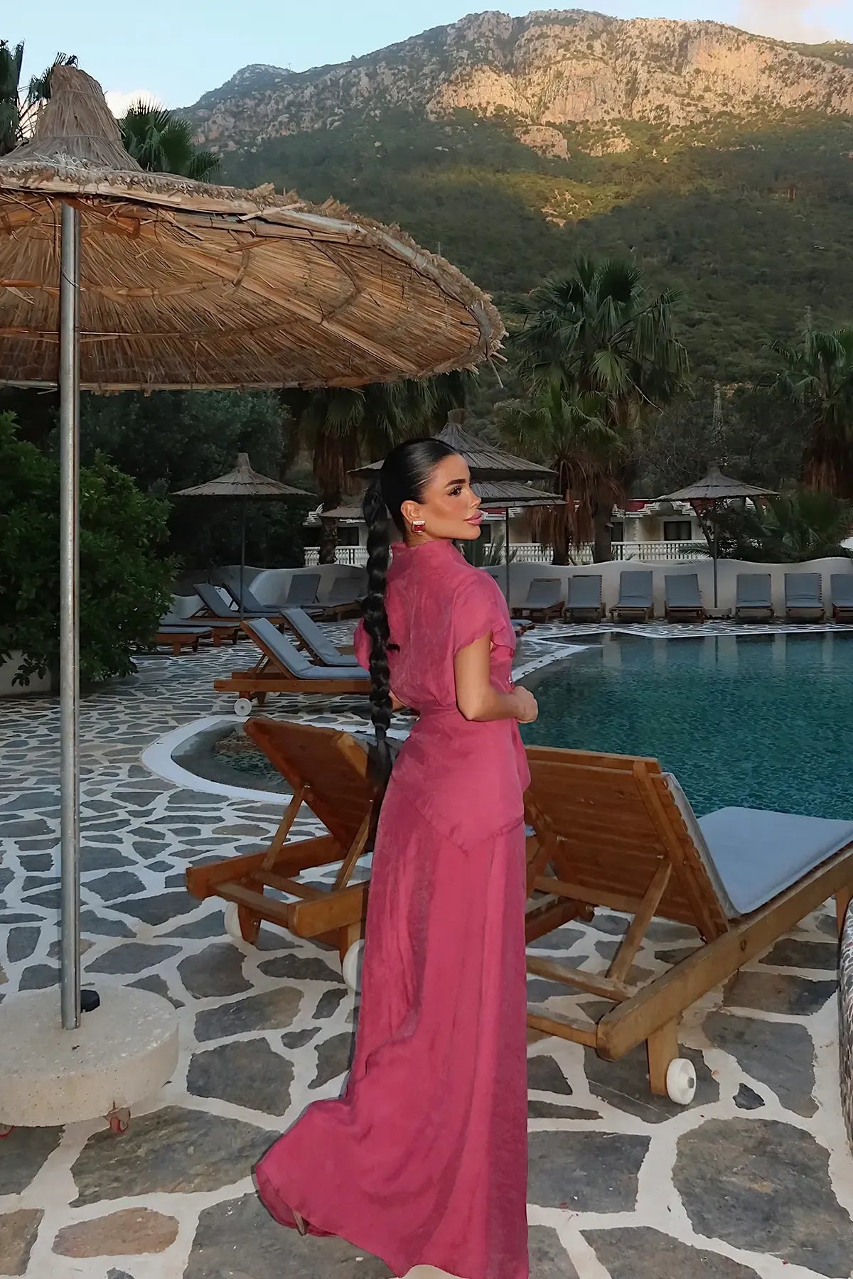 Burgundy Long Dress with Shawl Detail
