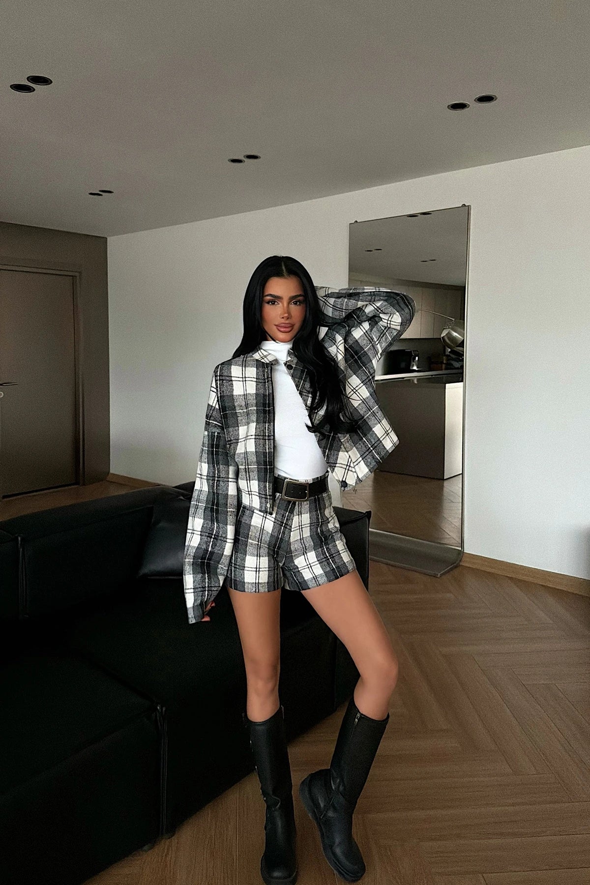 Grey Plaid Shorts Set
