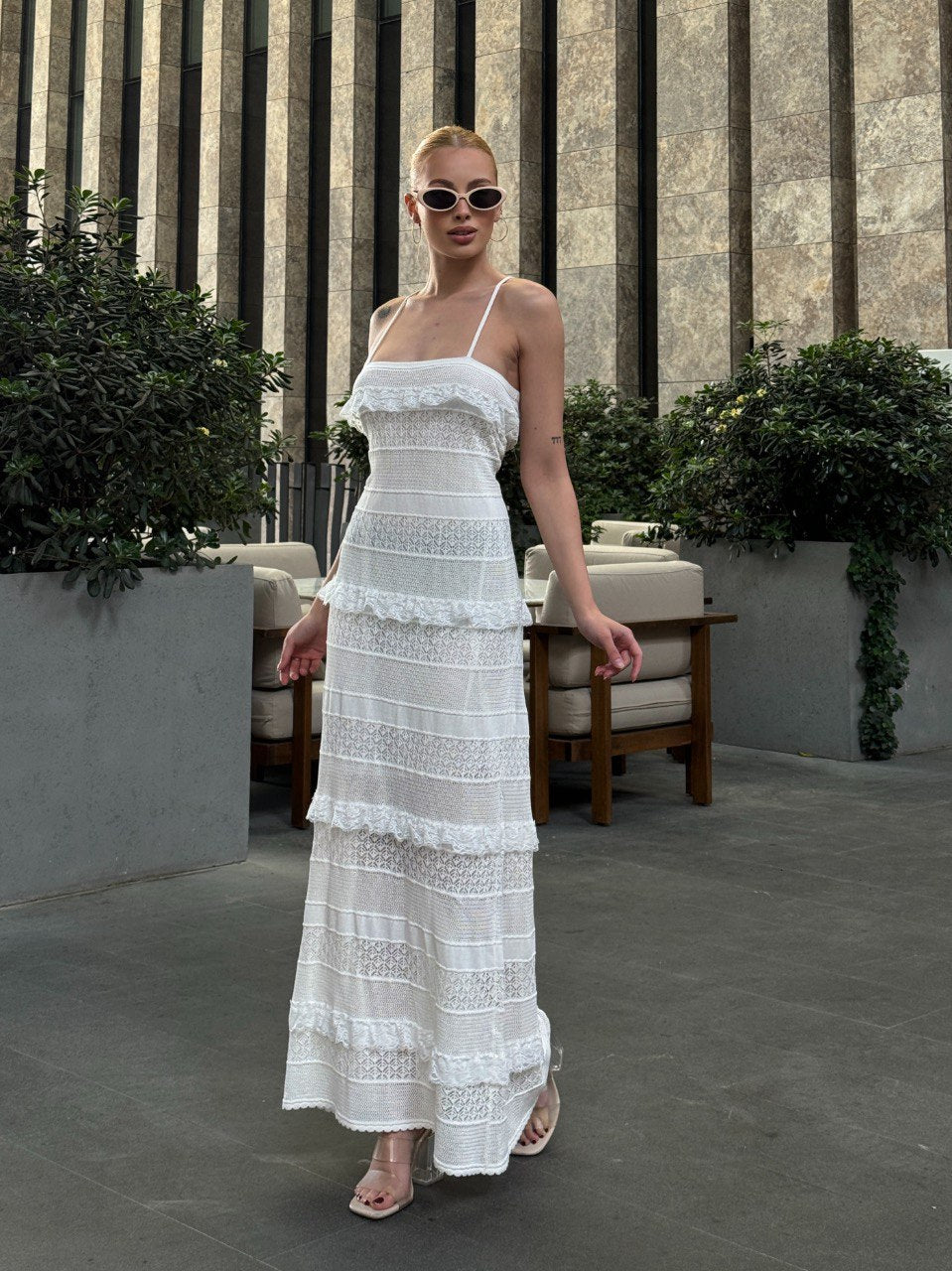 Ivory Lace Ruffle Maxi Dress
