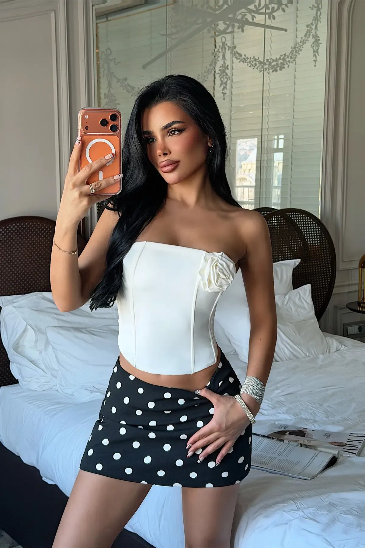 White Rose Detail Strapless Crop Top