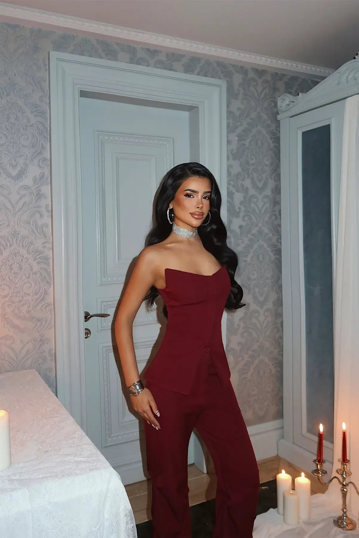 Burgundy Strapless Top and Pants Set